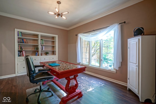 9420 N Kenwood Ave, Indianapolis, IN 46260 - office area featuring a chandelier, dark wood-style flooring, and crown molding