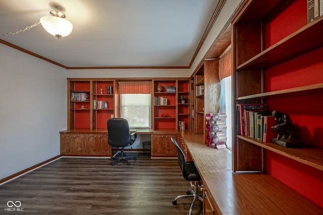 9420 N Kenwood Ave, Indianapolis, IN 46260 - office space with crown molding, dark wood-type flooring, and built in study area