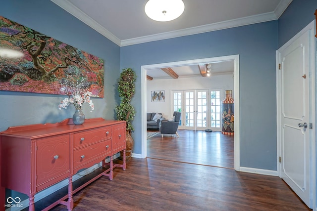 9420 N Kenwood Ave, Indianapolis, IN 46260 - corridor with wood finished floors, ornamental molding, and beam ceiling