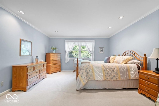 54 Horseshoe Ln, Carmel, IN 46033 - bedroom with light carpet, recessed lighting, and crown molding