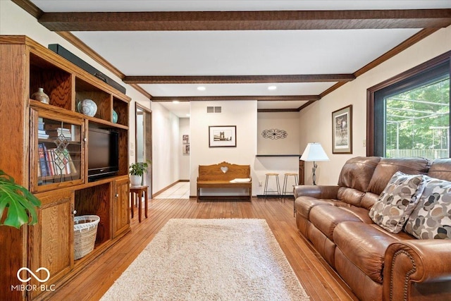 54 Horseshoe Ln, Carmel, IN 46033 - living area featuring beam ceiling, light wood-type flooring, crown molding, and recessed lighting