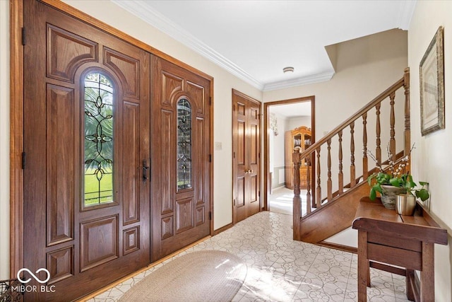 54 Horseshoe Ln, Carmel, IN 46033 - foyer with stairs and ornamental molding