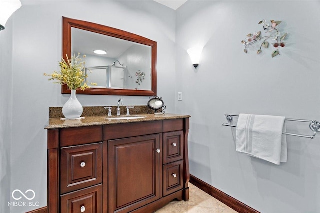 54 Horseshoe Ln, Carmel, IN 46033 - bathroom with vanity, an enclosed shower, and tile patterned floors