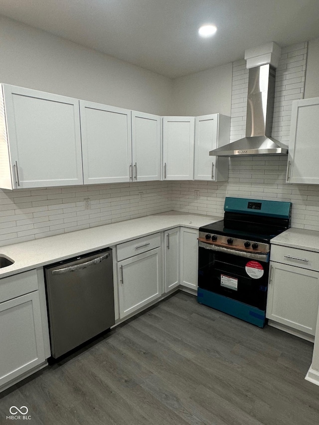 2127 Haines Ave, Indianapolis, IN 46221 - kitchen with dishwasher, black range with electric stovetop, wall chimney range hood, decorative backsplash, and dark wood-type flooring