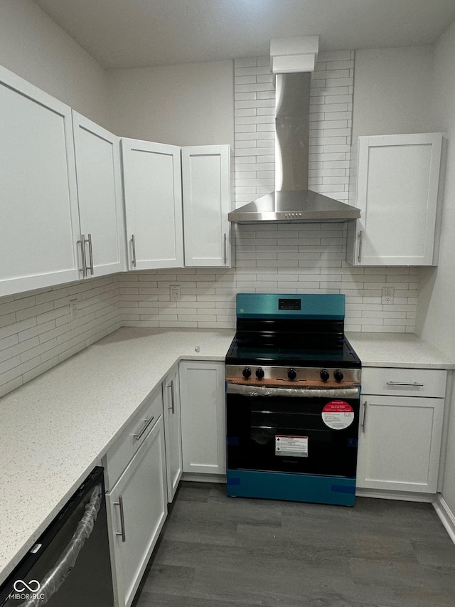 2127 Haines Ave, Indianapolis, IN 46221 - kitchen featuring range with electric cooktop, wall chimney exhaust hood, dishwashing machine, and dark wood-style flooring
