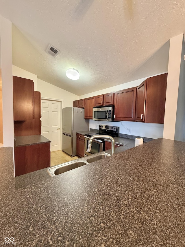 5019 Amber Creek Pl, Indianapolis, IN 46237 - kitchen with stainless steel appliances, dark countertops, lofted ceiling, and a textured ceiling