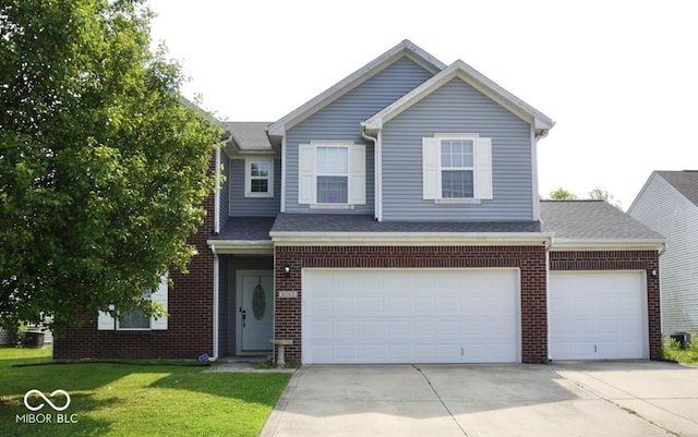 6563 Enclave Blvd, Greenwood, IN 46143 - traditional home featuring driveway, a front lawn, brick siding, a garage, and roof with shingles