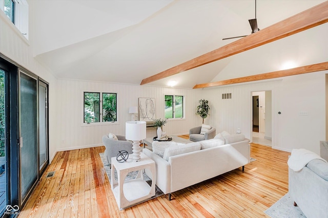 1065 E 76th St, Indianapolis, IN 46240 - living area featuring light wood-style floors, ceiling fan, beamed ceiling, and high vaulted ceiling