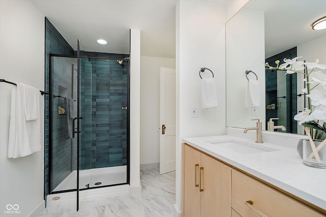 1065 E 76th St, Indianapolis, IN 46240 - bathroom with a shower stall, vanity, marble look tiles, and recessed lighting