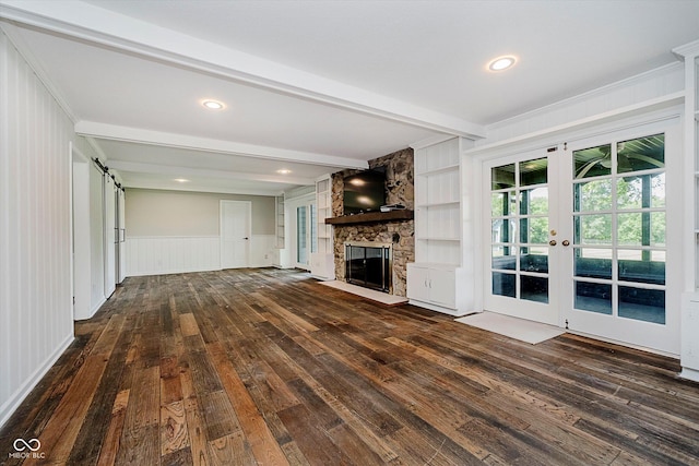 16714 Oak Rd, Westfield, IN 46074 - unfurnished living room with dark wood-type flooring, beam ceiling, french doors, a decorative wall, and wainscoting