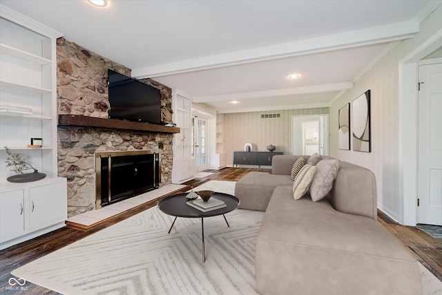 16714 Oak Rd, Westfield, IN 46074 - living room featuring wood finished floors, beam ceiling, ornamental molding, a fireplace, and french doors