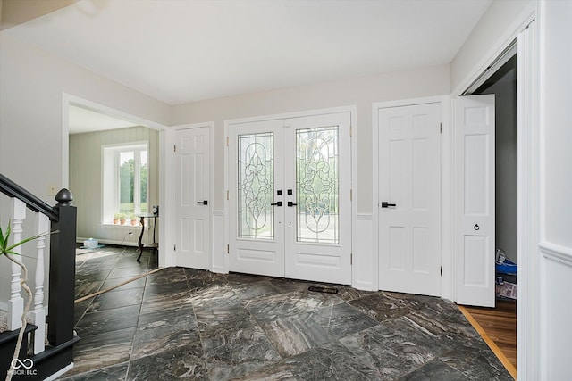 16714 Oak Rd, Westfield, IN 46074 - entrance foyer with french doors, stairway, and marble finish floors