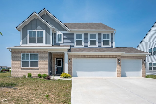 7510 Hillway Dr, Camby, IN 46113 - view of front facade featuring board and batten siding, driveway, a front lawn, brick siding, and an attached garage