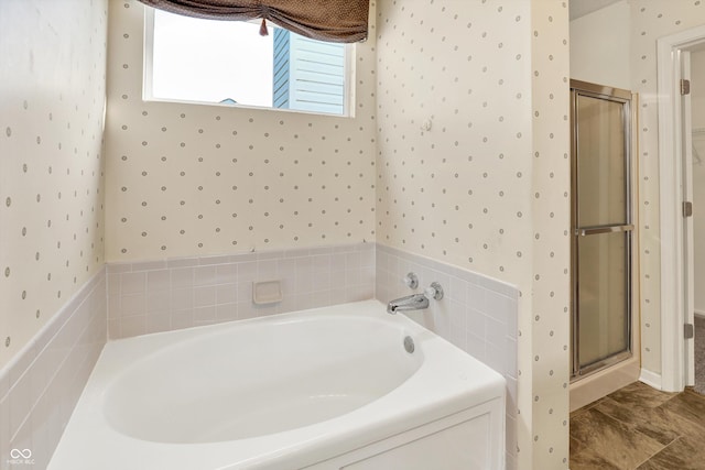 11961 Driftstone Dr, Fishers, IN 46037 - full bath featuring a bath, a stall shower, and wallpapered walls