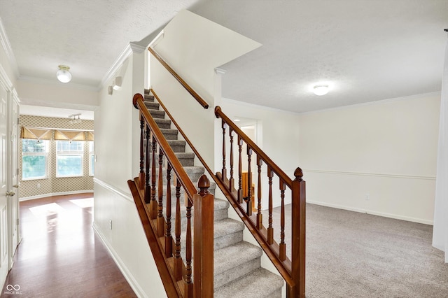 11961 Driftstone Dr, Fishers, IN 46037 - staircase with a textured ceiling and crown molding