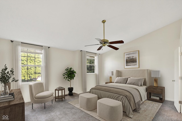 11961 Driftstone Dr, Fishers, IN 46037 - bedroom with light carpet, lofted ceiling, and a ceiling fan