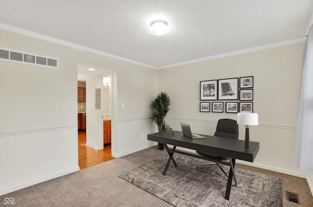 11961 Driftstone Dr, Fishers, IN 46037 - office area with light carpet, crown molding, and a textured ceiling