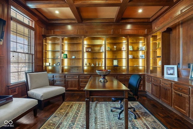 1130 Kingswood Rd S, West Lafayette, IN 47906 - office space with wooden walls, dark wood-type flooring, beam ceiling, recessed lighting, and built in features