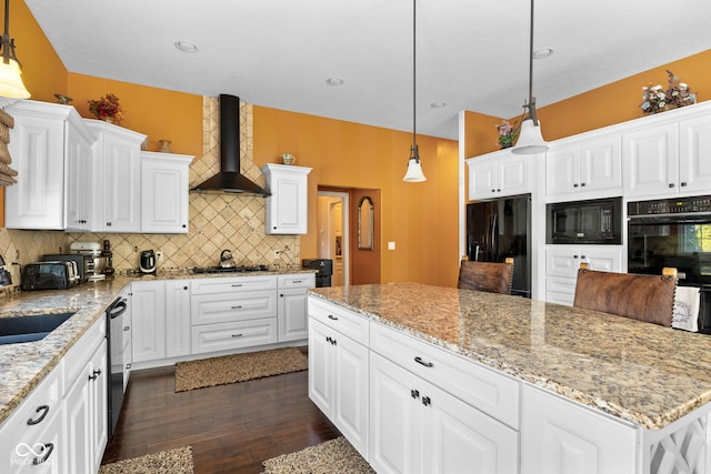 1130 Kingswood Rd S, West Lafayette, IN 47906 - kitchen with wall chimney range hood, black appliances, decorative backsplash, dark wood-style floors, and white cabinetry