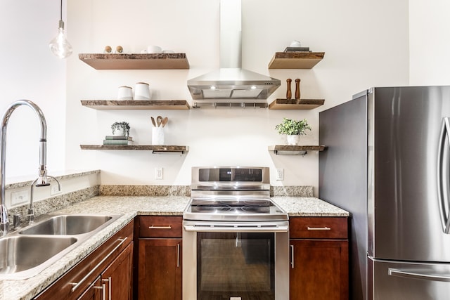 624 E Walnut St Unit 48, Indianapolis, IN 46204 - kitchen with appliances with stainless steel finishes, range hood, open shelves, and dark brown cabinetry