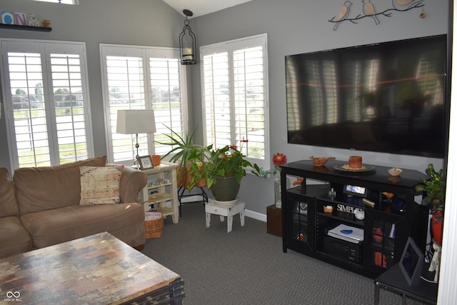 7357 Lake Lakota Dr, Indianapolis, IN 46217 - living room with healthy amount of natural light, carpet, and lofted ceiling