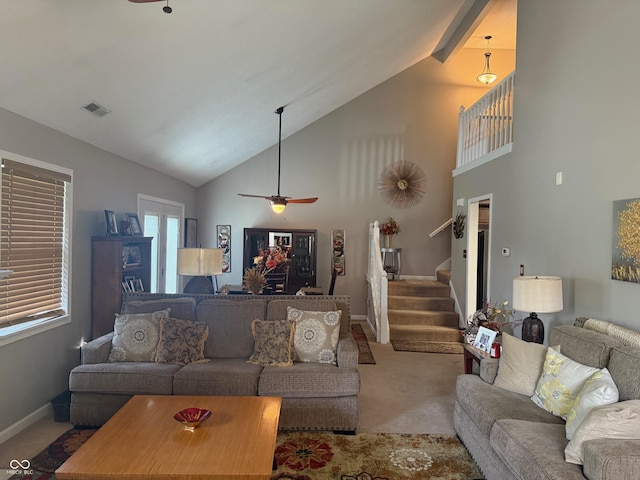 11632 Coastal Way, Indianapolis, IN 46229 - living room featuring carpet flooring, stairway, high vaulted ceiling, and a ceiling fan