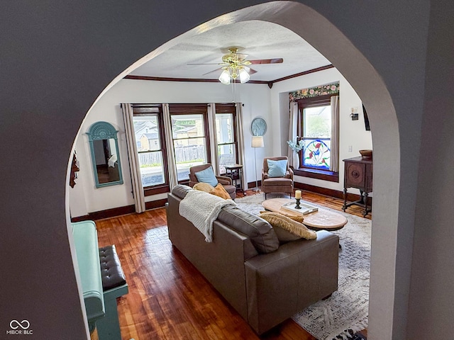 251 N St, Danville, IN 46122 - living area featuring arched walkways, ceiling fan, wood-type flooring, and crown molding