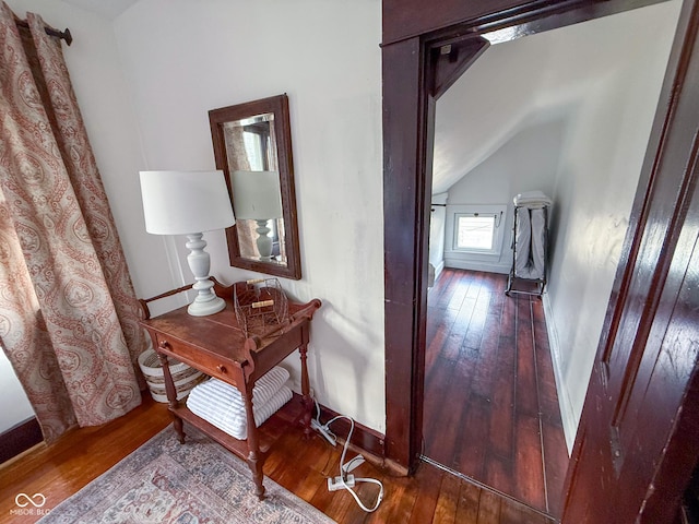 251 N St, Danville, IN 46122 - hallway with hardwood / wood-style flooring and vaulted ceiling