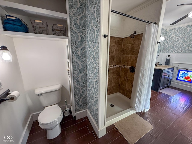 251 N St, Danville, IN 46122 - full bath with ceiling fan, a shower stall, wood finish floors, ornamental molding, and wallpapered walls