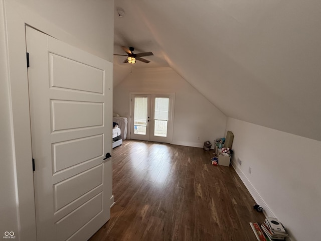 1720 Rembrandt St, Indianapolis, IN 46202 - additional living space with a ceiling fan, vaulted ceiling, and dark wood-type flooring