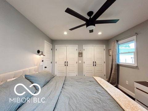 410 Hawthorn Ct, Seymour, IN 47274 - bedroom featuring multiple closets, recessed lighting, and ceiling fan