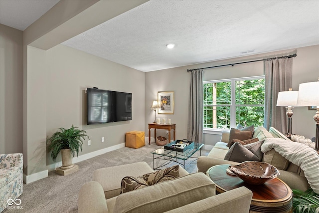 14442 Treasure Creek Ln, Fishers, IN 46038 - carpeted living room with baseboards and a textured ceiling