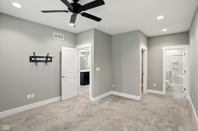 14474 Treasure Creek Ln, Fishers, IN 46038 - unfurnished bedroom with light carpet, connected bathroom, recessed lighting, and a ceiling fan