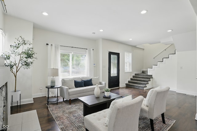 3307 N College Ave, Indianapolis, IN 46205 - living area with stairs, dark wood-style floors, and recessed lighting
