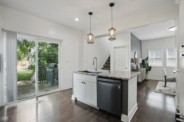 3307 N College Ave, Indianapolis, IN 46205 - kitchen featuring dishwasher, healthy amount of natural light, white cabinetry, light stone countertops, and recessed lighting