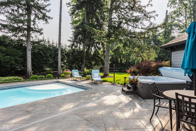 8651 Emerald Ln, Indianapolis, IN 46260 - outdoor pool featuring a hot tub, a patio area, and view of scattered trees