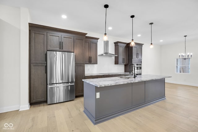 2031 Central Ave, Indianapolis, IN 46202 - kitchen featuring stainless steel appliances, wall chimney range hood, dark brown cabinetry, decorative backsplash, and a center island with sink
