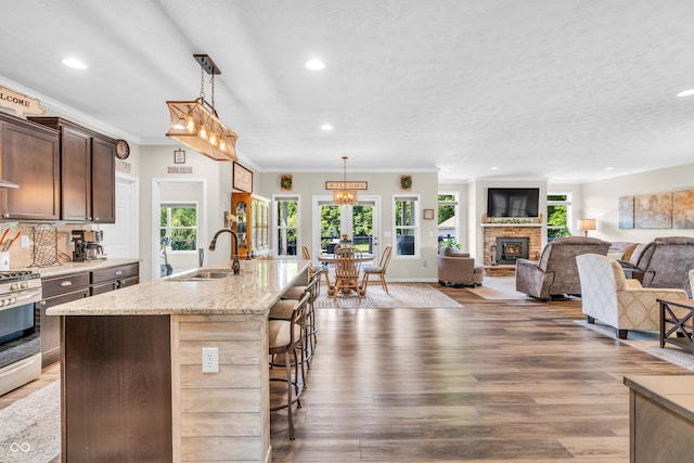 9231 E Poynter Dr, Morgantown, IN 46160 - kitchen with stainless steel range with gas stovetop, dark wood finished floors, a stone fireplace, recessed lighting, and light stone counters