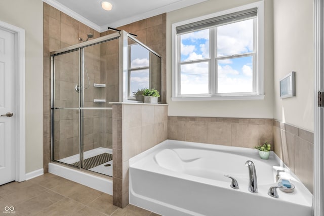 9231 E Poynter Dr, Morgantown, IN 46160 - bathroom featuring a garden tub, a stall shower, tile patterned flooring, and crown molding