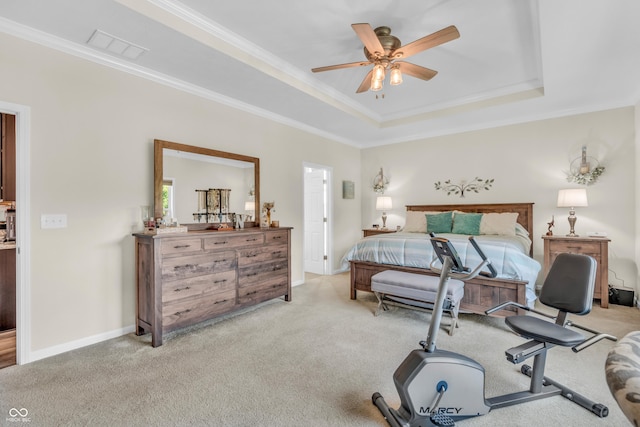 9231 E Poynter Dr, Morgantown, IN 46160 - bedroom featuring a tray ceiling, light colored carpet, ornamental molding, and a ceiling fan