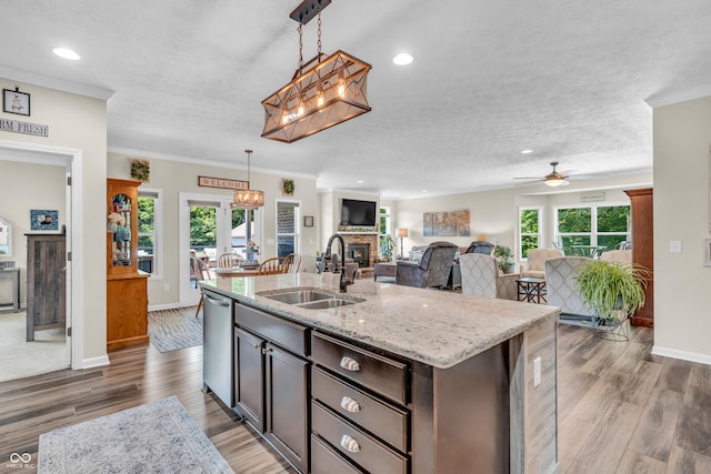 9231 E Poynter Dr, Morgantown, IN 46160 - kitchen with a fireplace, light wood finished floors, a ceiling fan, healthy amount of natural light, and recessed lighting