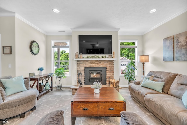 9231 E Poynter Dr, Morgantown, IN 46160 - living area with crown molding, recessed lighting, and a glass covered fireplace