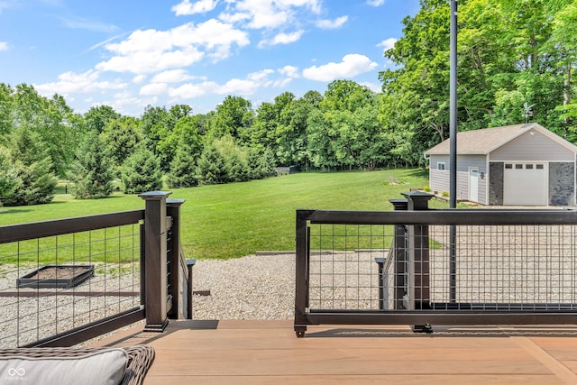 9231 E Poynter Dr, Morgantown, IN 46160 - wooden deck with an outdoor structure, a lawn, and a detached garage