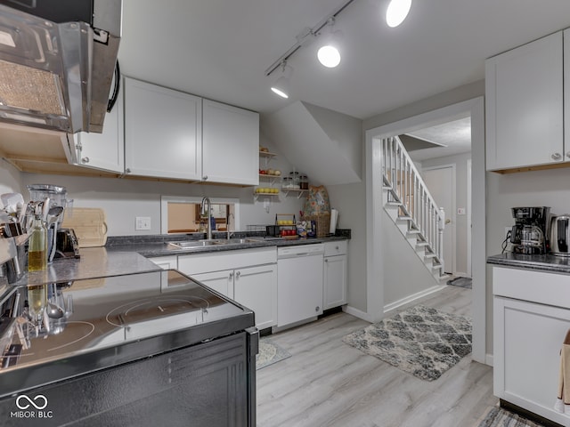 1532 E Markwood Ave, Indianapolis, IN 46227 - kitchen featuring dishwasher, black range with electric stovetop, dark countertops, stainless steel microwave, and light wood finished floors