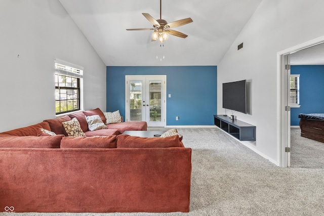 7616 Derrek Pl, Indianapolis, IN 46219 - living area featuring high vaulted ceiling, french doors, carpet floors, and ceiling fan