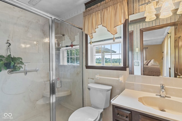 3249 N Slab Rd, Austin, IN 47102 - ensuite bathroom featuring vanity, a shower stall, and tile walls