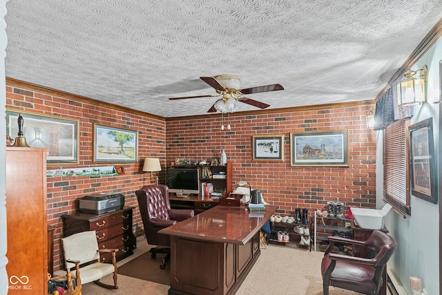 3249 N Slab Rd, Austin, IN 47102 - carpeted home office with brick wall, a ceiling fan, a textured ceiling, and ornamental molding