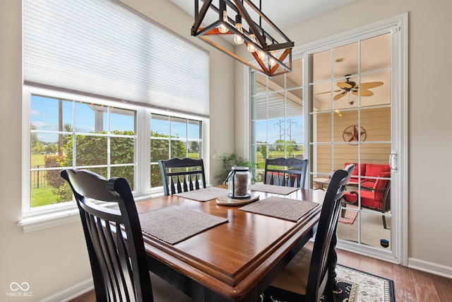 13327 Hockley Dr, Fishers, IN 46037 - dining room with a chandelier, wood finished floors, and a ceiling fan