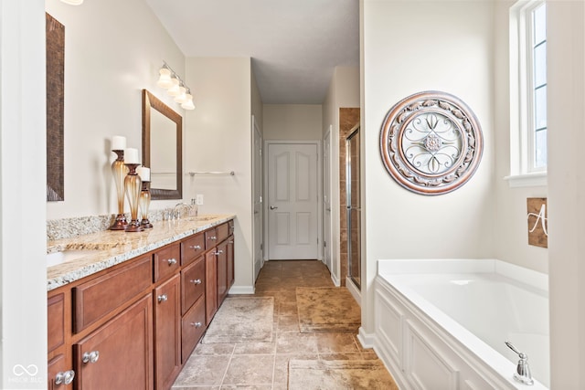 13327 Hockley Dr, Fishers, IN 46037 - bathroom with a bath, double vanity, and a stall shower