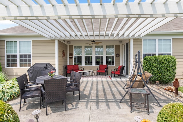 13327 Hockley Dr, Fishers, IN 46037 - view of patio featuring a grill, a ceiling fan, a pergola, outdoor dining space, and outdoor lounge area